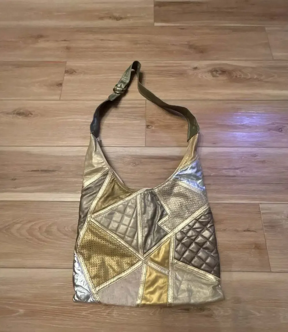 Bags by Pinky Metallic Leather Patchwork Hobo Shoulder Bag